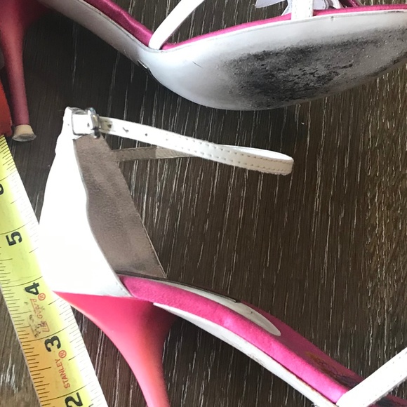 Aldo White Leather Strappy Sandal Heel Fuchsia Pink Silk Interior Lining Size 37 - Picture 2 of 7